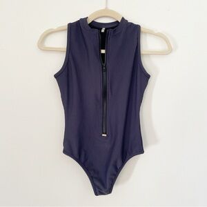 Gooseberry Seaside Zip up Plunge Resort One Piece Navy blue Ribbed High Neck XS